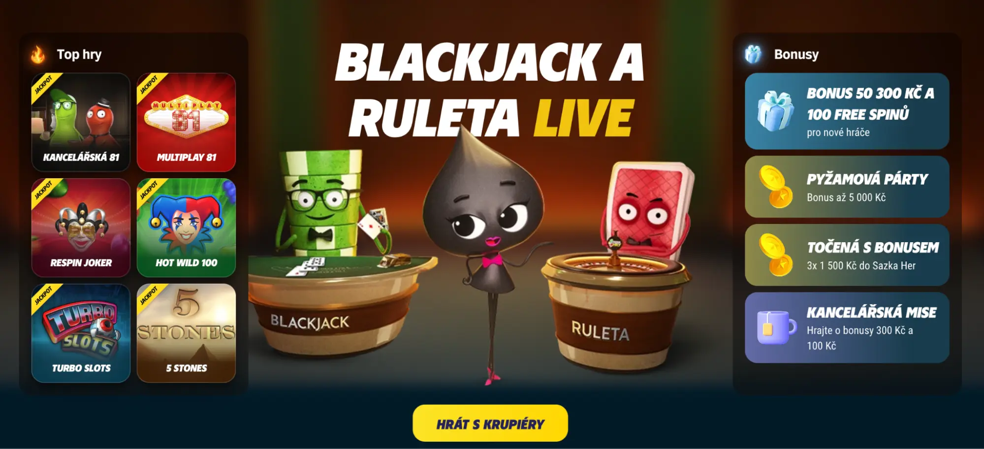 Hrajte blackjack a ruletu live – získejte bonus až 50 300 Kč a free spiny na Radioservis Hrách Live blackjack a ruleta s animovanými postavičkami, top hrami a bonusy pro nové hráče